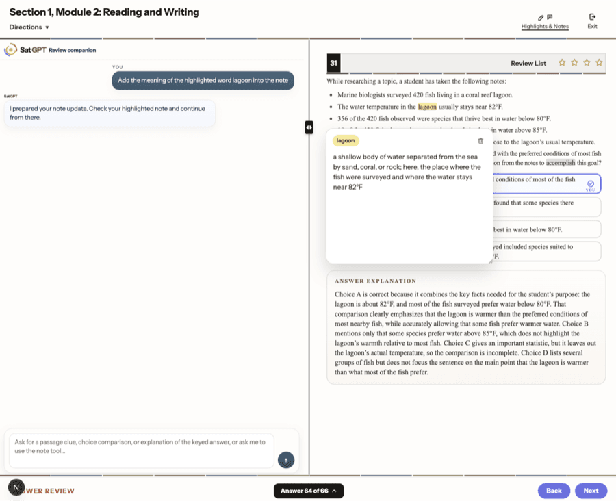 AI tutor in Reading and Writing review mode